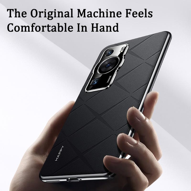 KEYSION Grid Pattern PU Leather Case for Huawei P60 P60 Pro Plating PC Camera Protection Phone Back Cover for Huawei P60 Pro
