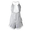 Women's Crochet Lace Pajamas Sleeveless V-Neck Set Casual Daily Wear 2 Piece Sleepwear Suit Sexy Solid Home Clothes