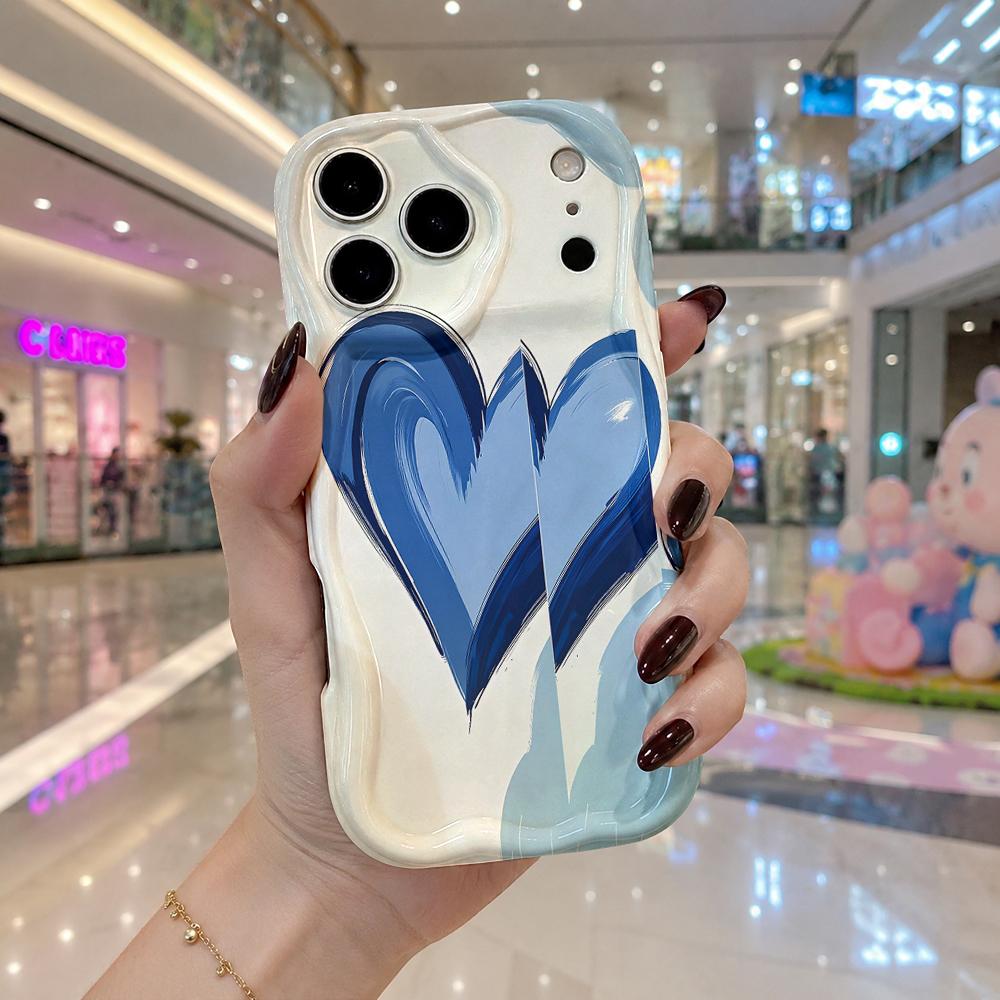 Чехол-скетч с градиентом синего сердца для iPhone 17 16 15 14 13 12 11 Pro Max Plus Художественный чехол с волнистым краем