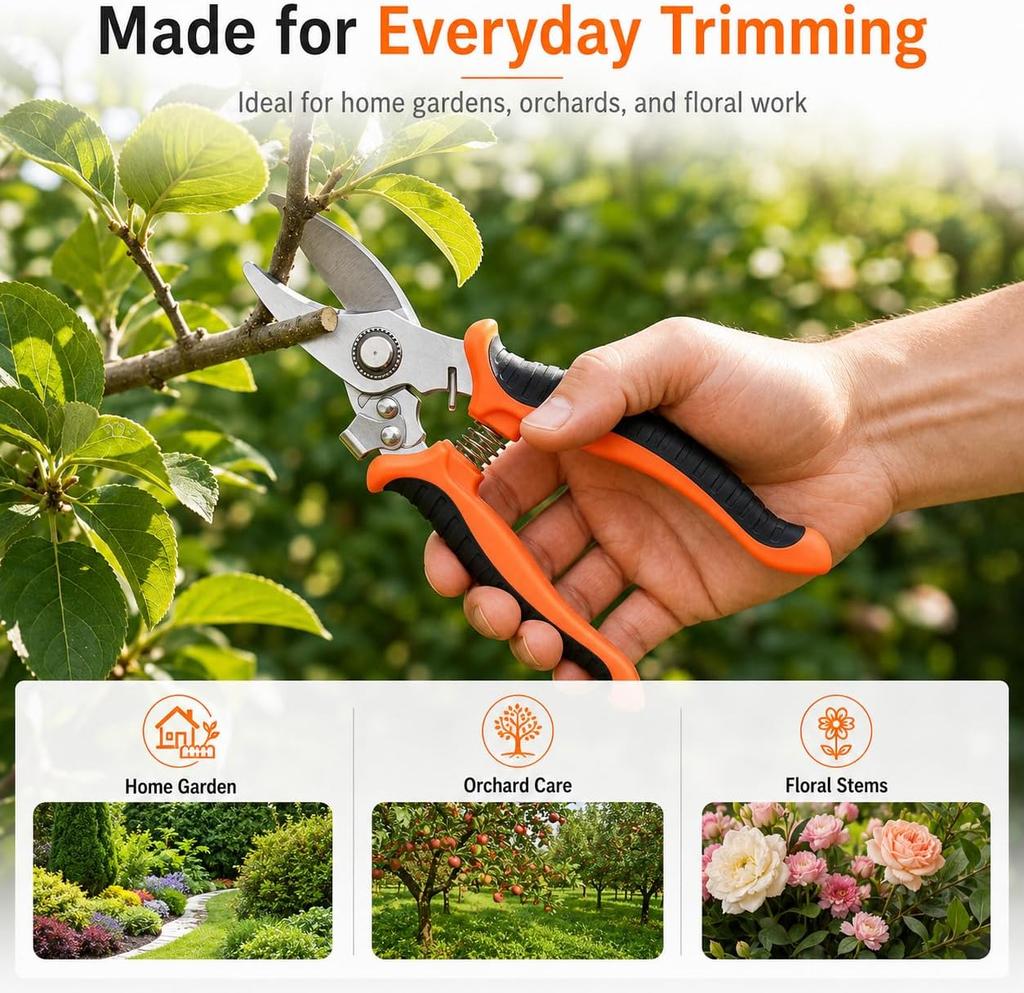 Labor-saving Pruning Shears, Carbon Steel Garden Pruner, Ergonomic Non Slip Hand Pruning Scissors with Safety Lock for Plant Stem Flower Shrub Orchard
