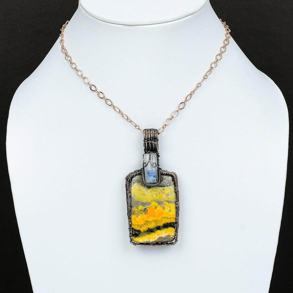 Bumble Bee Jasper Copper Wire Wrapped Pendant Rainbow Moonstone Pendant Copper Jewelry Gemstone Handmade Pendant Wire Wrapped Stone Jewelry