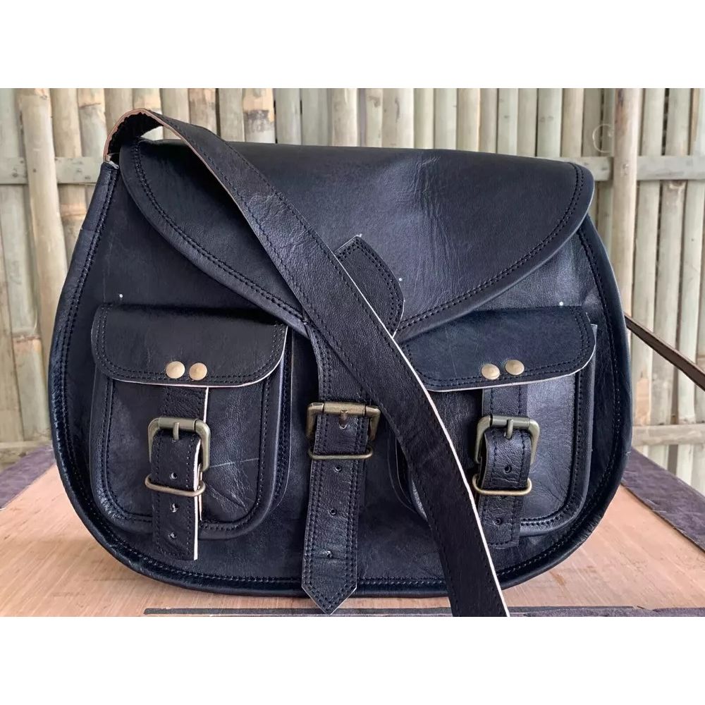 Real Vintage Saddle Bag Goat Leather Black Messenger Shoulder Handmade Vintage Leather Black Bag.