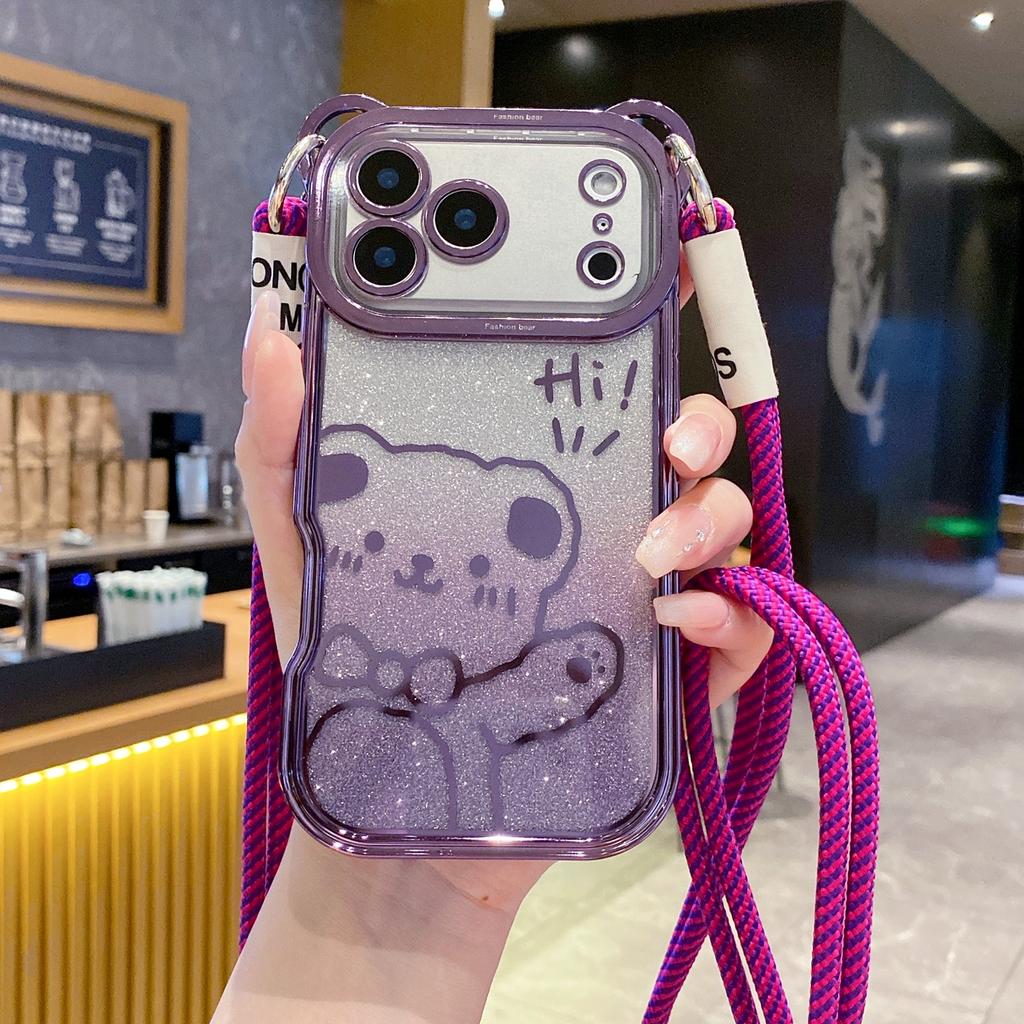 Cute Bear Ear Plating Crossbody Strap to Phone Case For iPhone 17 16 15 14 13 12 11 Pro Max X Xs Max 7 8 Plus 17Air Cover Girl