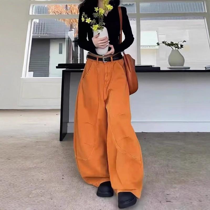 Vintage Orange Cut Jeans High Waist Loose Wide Leg Slim Fit Teens