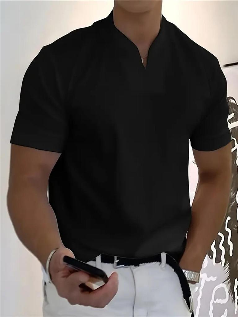 2025 Men's V-Neck Muscle Fit Sports T-Shirt - Elastic Short Sleeve Solid Color