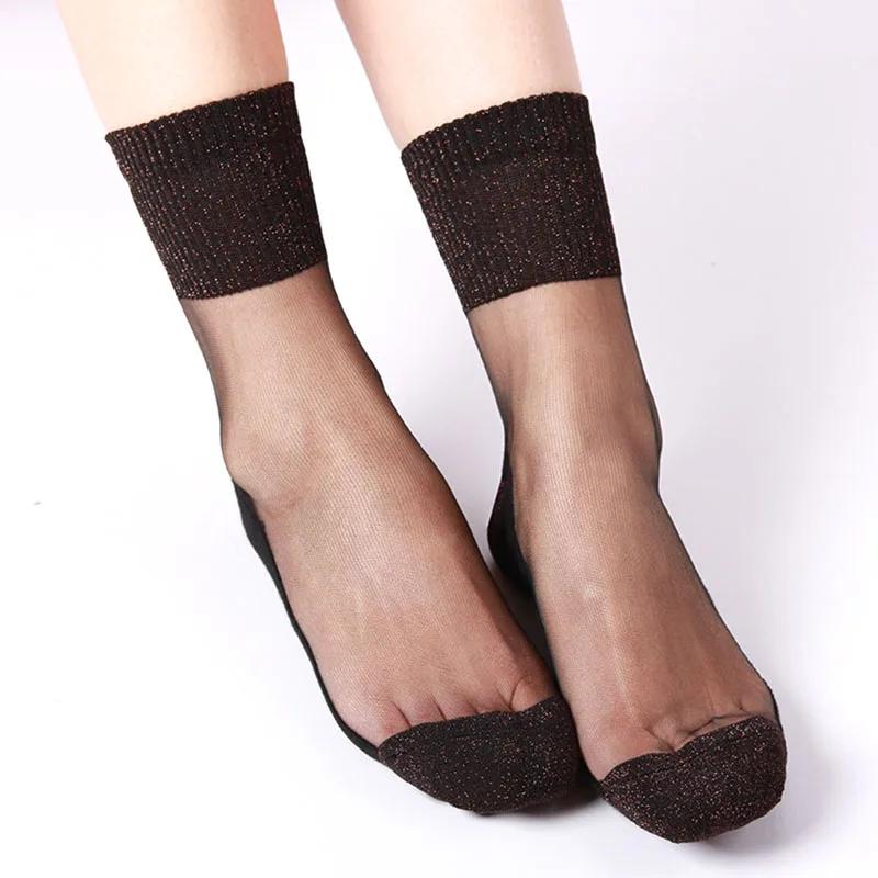 Women Summer Fashion Ultrathin Transparent Socks Glitter Crystal Glass Silk Socks Beautiful Lace Shiny Elastic Short Socks