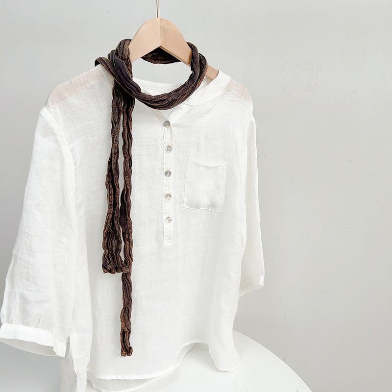 Retro Pleated Ramie Scarf Slender And Narrow Long Silk Scarf Japanese Mori Women Versatile Extended Neck Protector Scarf Shawl