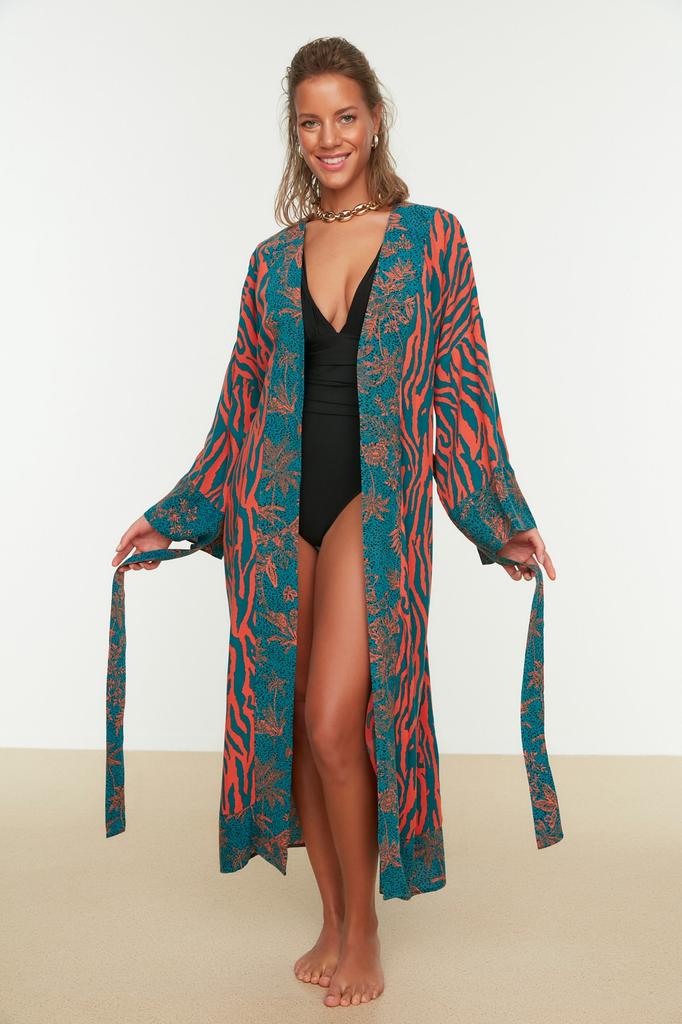 Women's Fashion New Kimono&Kaftan Ethnic Patterned Belted Maxi Woven KimonoKaftan