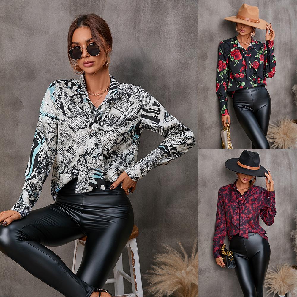 European & American Style Women's Autumn Print Tie Single-Breasted Long-Sleeve Shirt