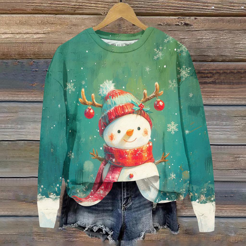 Женская толстовка с рождественским принтом, с длинным рукавом и круглым вырезом, свободный топ