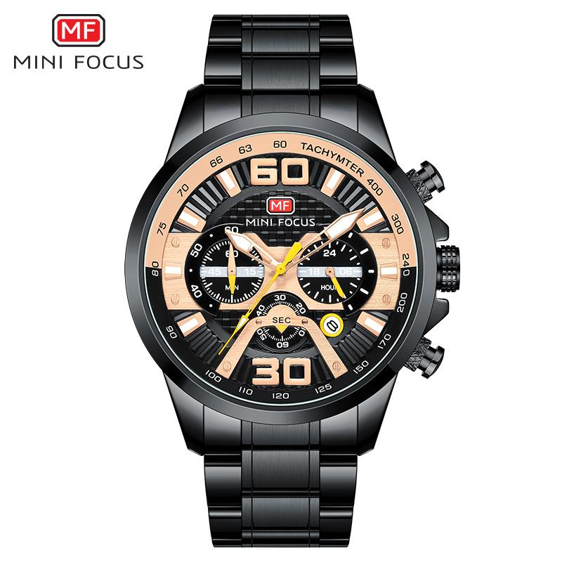 MINI FOCUS Stainless Steel Man Watch Leisure Fashion Quartz Wrist Watches Waterproof Outdoor Multifunctional Sports Watch 0336G