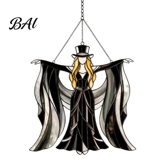 Dreamy Light Shadow Effect Decor Boho Dancing Lady Suncatcher, Stained Glass Acrylic Hanging Ornament, Mystical Gothic Black And Gray Gradient