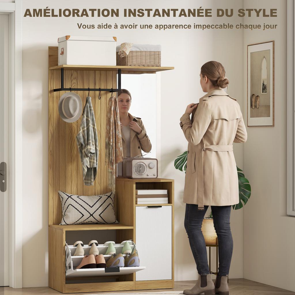 6-in-1 Entryway Coat Rack with Fold-Down Shoe Bench and Mirror, 80x36x168cm, Oak