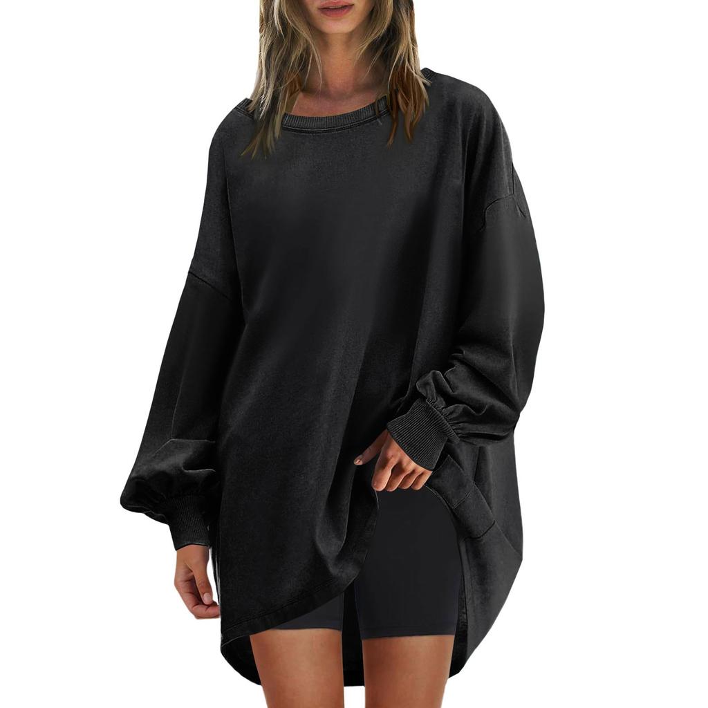 Женская негабаритная круглая толстовка, модный однотонный пуловер, туника с длинными рукавами, топы
