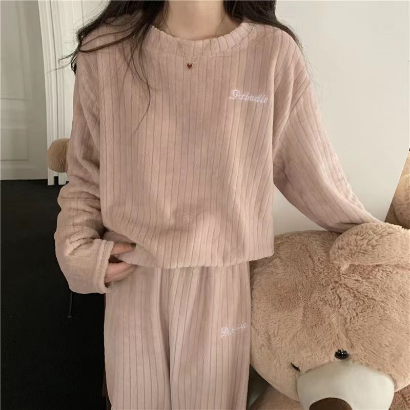 Фланелевые пижамы с медведем, женские корейские милые бархатные пижамы для девочек, бархатные зимние теплые брючные костюмы с длинными рукавами для домашнего обслуживания