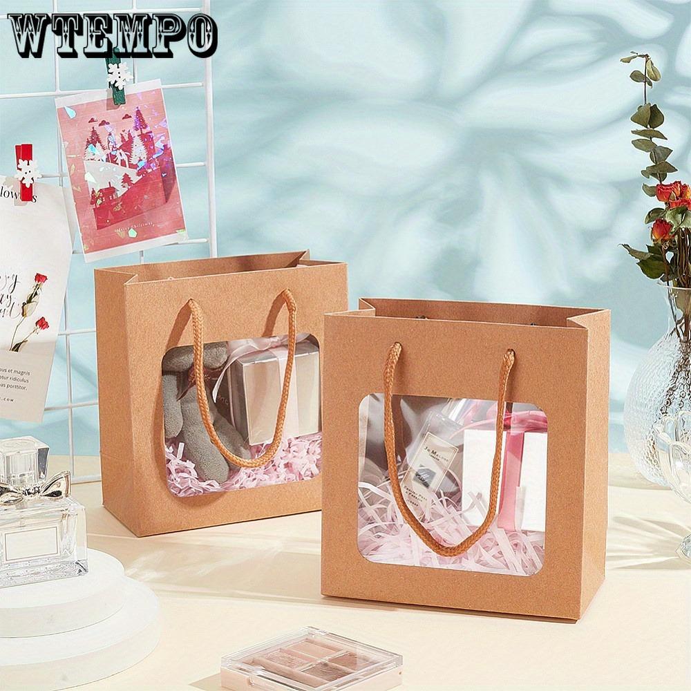 15 шт. подарочных пакетов из крафт-бумаги с прозрачным окном и прочными ручками из полиэстера, прямоугольные, крепкого цвета дерева, переносные подарочные пакеты для букета на вечеринку