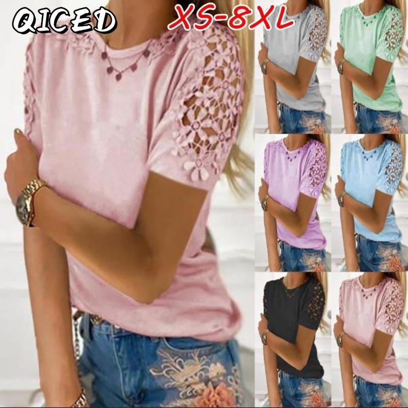 QICED Женские модные повседневные однотонные блузки и рубашки с короткими рукавами и круглым вырезом с принтом