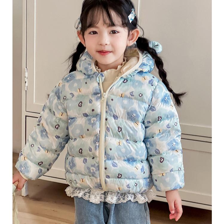 Осень милые пальто с цветочным принтом теплая детская одежда на хлопковой подкладке модный стиль синий зимний укороченный пуховик для маленькой девочки