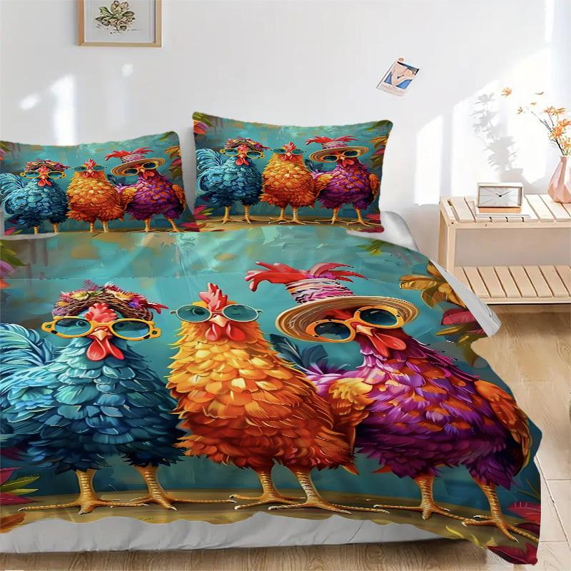 3pcs Colorful Chickens Duvet Cover Set, 1 Duvet Cover + 2 Pillowcases (No Insert), High-Definition Print, Home & Dorm yy251123042