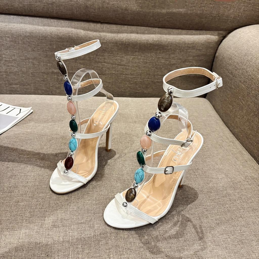 Летние женские модные босоножки на высоком каблуке с круглым носком, цветными кристаллами, ремешком на щиколотке, женские золотистые туфли для вечеринки и свадьбы