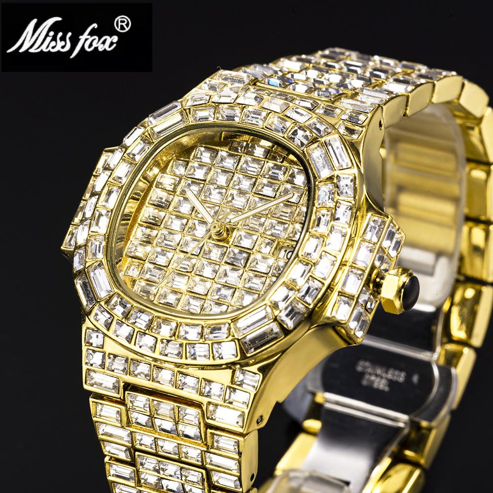 MISSFOX-Waterproof Calendar Luxury Full Diamond Square Diamond Мужские кварцевые часы в стиле хип-хоп