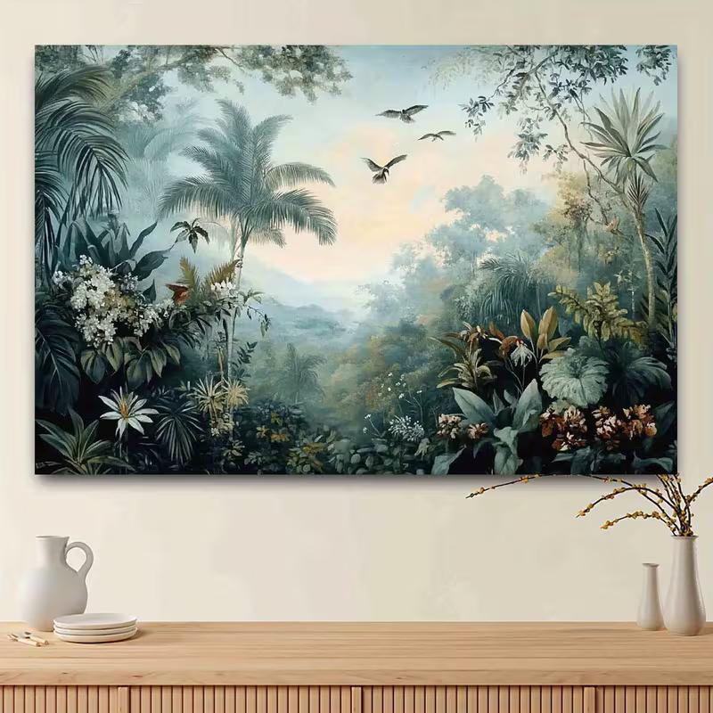 2D Vintage Style Exotic Rainforest with Flowers and Birds Background