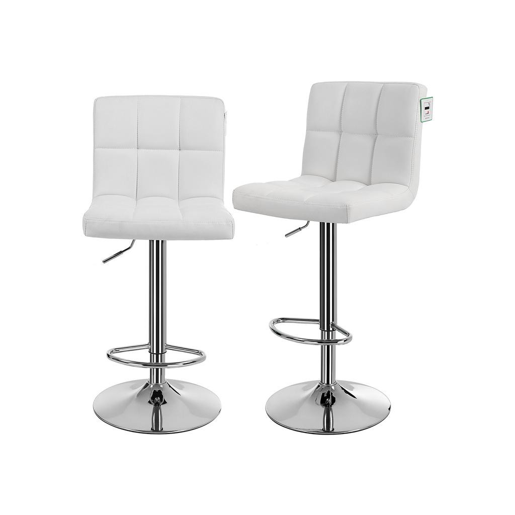 SONGMICS Set of 2 Bar or Kitchen Stools in Faux Leather, Adjustable and 360 degrees Swivel, with Backrest and Footrest, Chromed Steel Structure, White