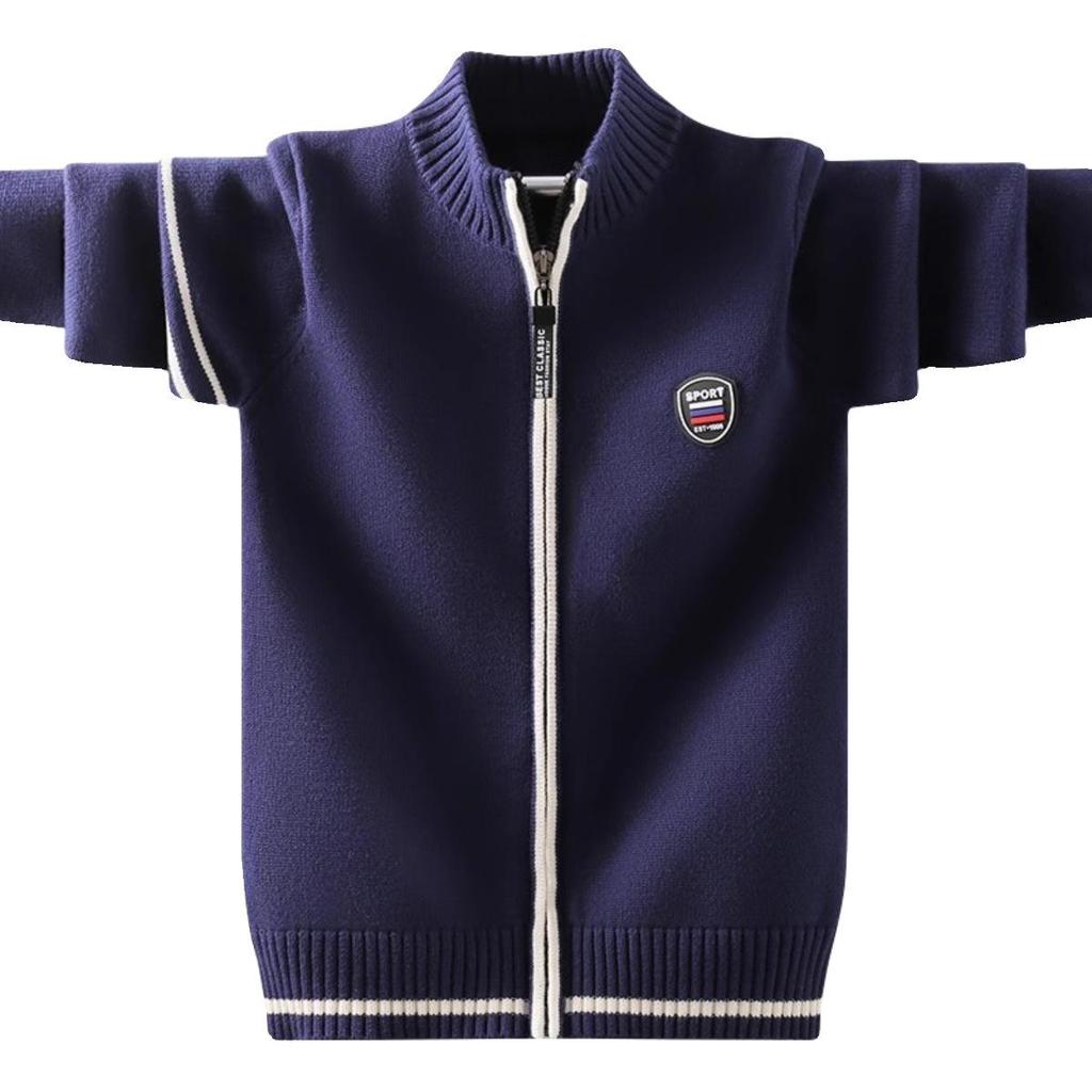 Красный вязаный кардиган на молнии для мальчиков: На флисовой подкладке, из чистого хлопка, толстый шерстяной для осени/зимы