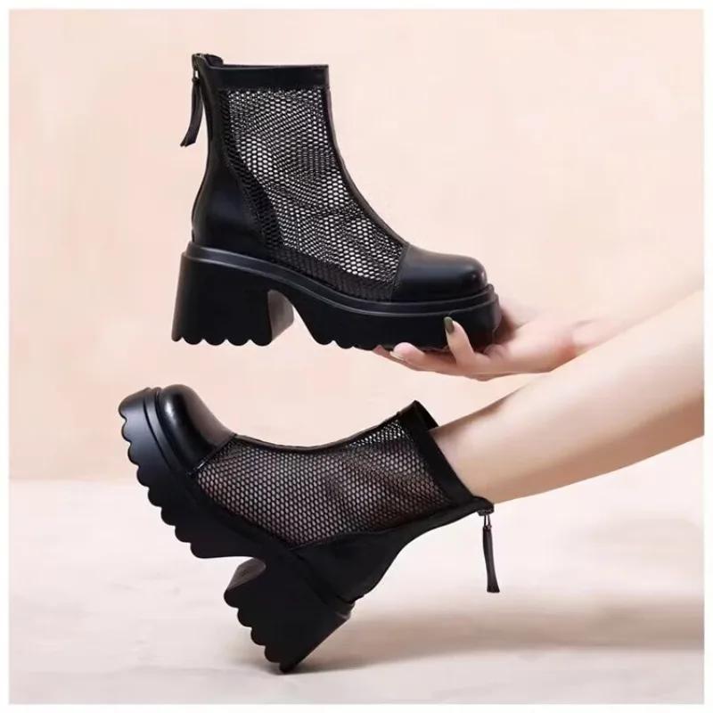 Модные женские туфли 2024 года, женские сапоги на молнии, летние, с круглым носком, из цельной сетчатой ткани, дышащие, на платформе, водонепроницаемые, голые сапоги