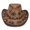 Retro Wide Brim Western Cowboy Hat Beads Ethnic Style Sunscreen Straw Hat Breathable Hollow Out Sun Hat Summer