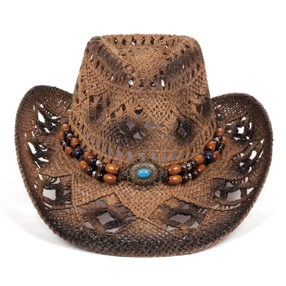 Retro Wide Brim Western Cowboy Hat Beads Ethnic Style Sunscreen Straw Hat Breathable Hollow Out Sun Hat Summer