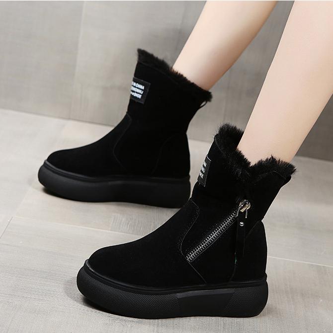 Женские короткие ботинки, коллекция 2023 года, зимние зимние ботинки Matsuke на толстой подошве с круглой головкой и бархатной молнией по бокам, корейская модная хлопковая обувь для женщин