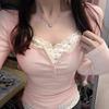 Autumn Pink Floral Lace Faux Two-Piece Long-Sleeve Top