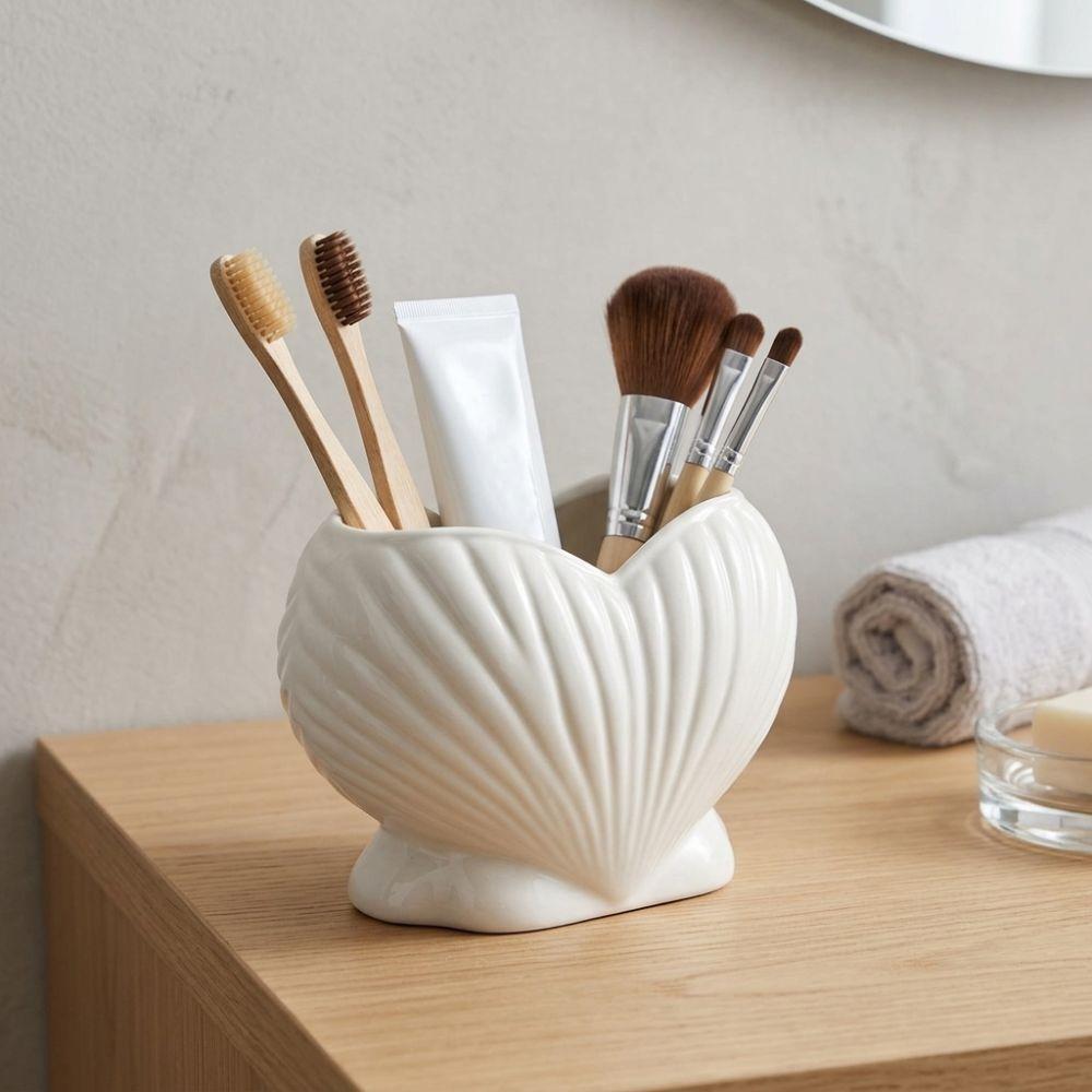 3D Printed Heart Shell Desk Organizer Coastal Style Pen Storage Holder Makeup Brush Stand Shower