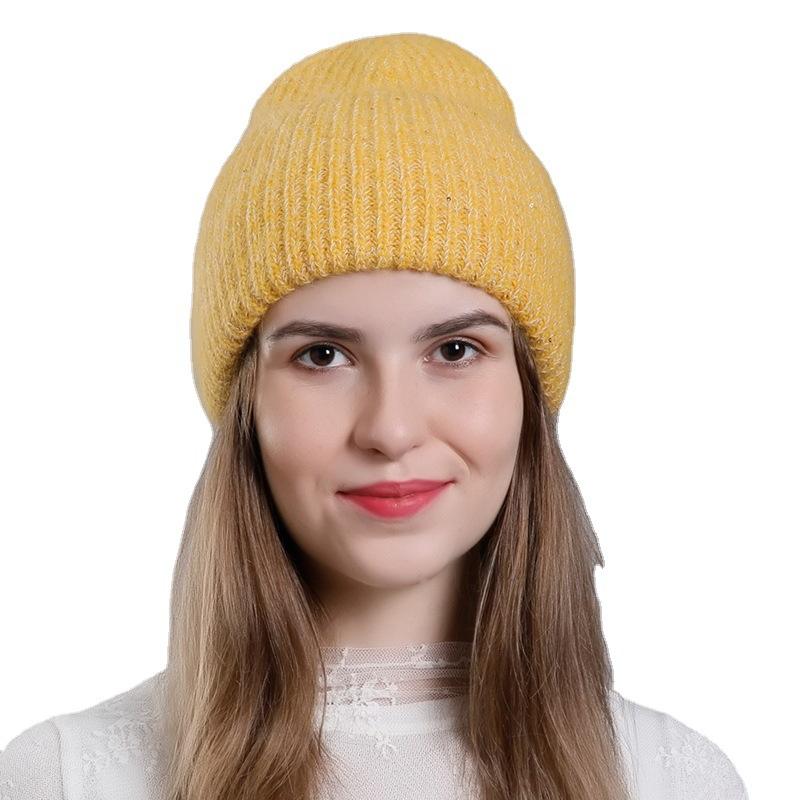 Женская зимняя теплая вязаная шерстяная универсальная шапка-пуловер с высокими фланцами и блестками из кроличьей шерсти