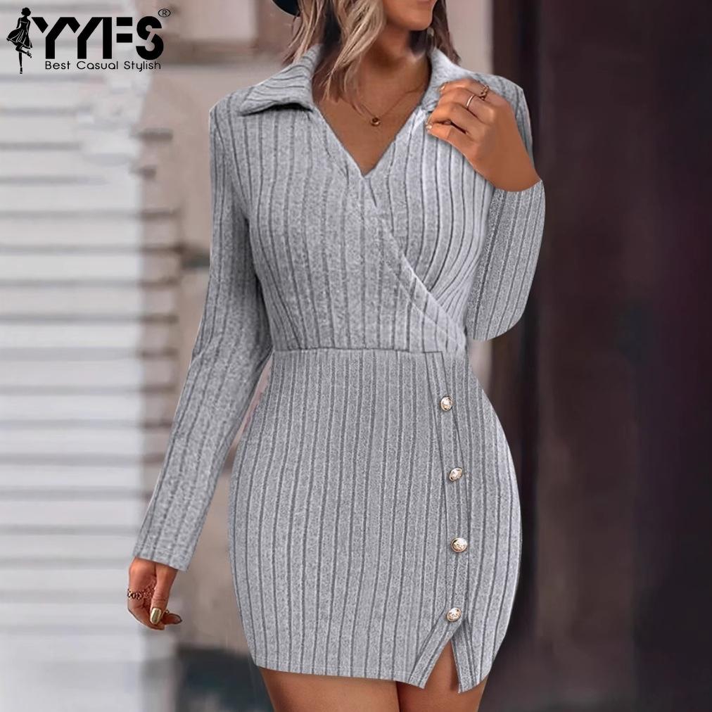 YYFS Women's Fashion Fall Winter Solid Color Print Long Sleeve POLO-Neck Casual Dresses