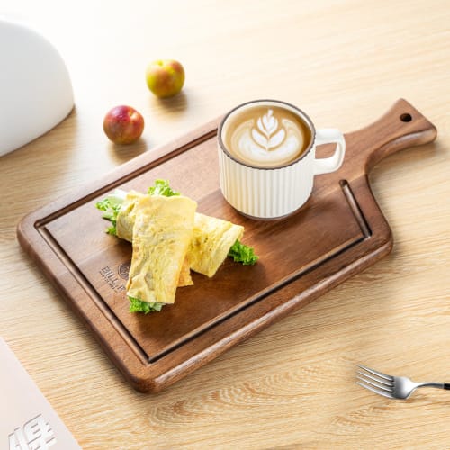 BILL.F Wooden Cutting Board with Handle for Meat, Vegetables, and Bread - Decorative Wooden Serving Board with Juice Groove for Kitchen or Dining Room