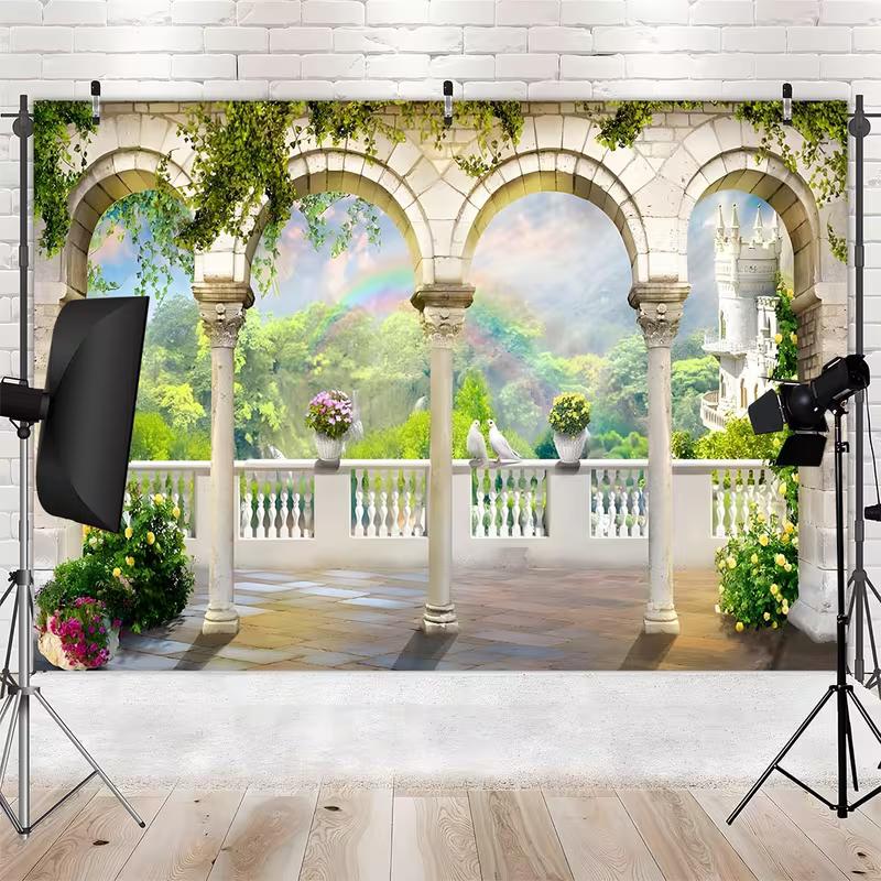 2D Castle Balcony Backdrop with Arches and Rainbow Photography Background