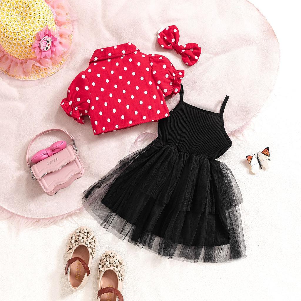6M-3Y Children's Polka Dot Lapel Bubble Short-sleeved Jacket + Halter Bow Saree Girls Skirt Suit