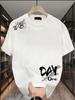 Summer Male Pure Cotton Crew Neck Tshirt Ink Wash Letter DAY One Graphic Print Shoulder Stamp Streetwear Short Sleeve Tees