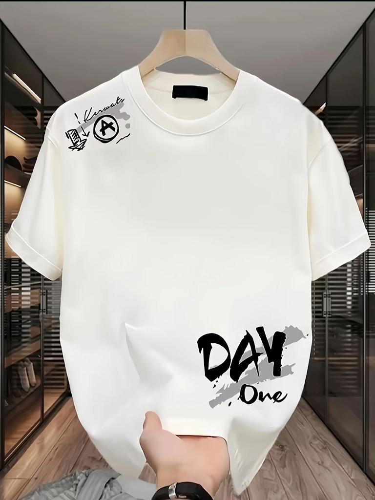 Summer Male Pure Cotton Crew Neck Tshirt Ink Wash Letter DAY One Graphic Print Shoulder Stamp Streetwear Short Sleeve Tees