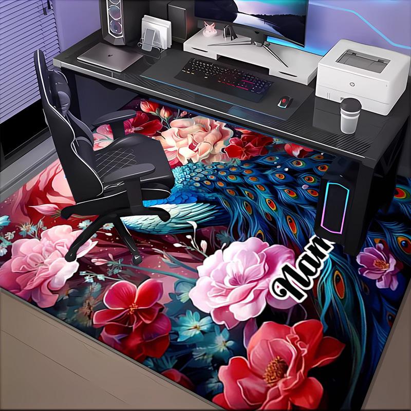 Custom Name Peacock Flowers Romance Rug Game Carpet, Floor Mat for Bedroom Living Room Entryway Rug, Home Decor Idea Gift for Christmas birthday
