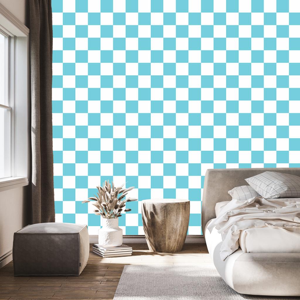 Checkerboard Wallpaper in Aquamarine and White for Living Room and Bedroom 50x1000