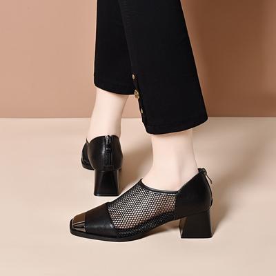 Сетчатые женские весенне-летние новые модные туфли-мешок с железной головой, задняя молния, толстый каблук, модная обувь, персонализированные высокие каблуки