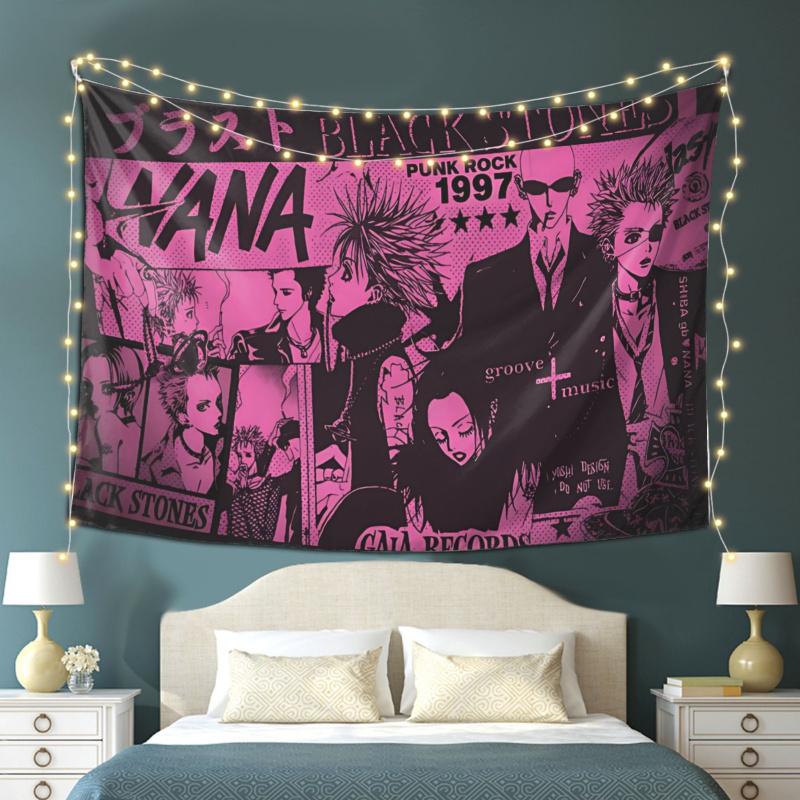 VIKAMA Nana Punk Rock Tapestry Black And Pink Anime Collage Wall Hanging For Bedroom Otaku Corner And Cozy Study Space Bold Art