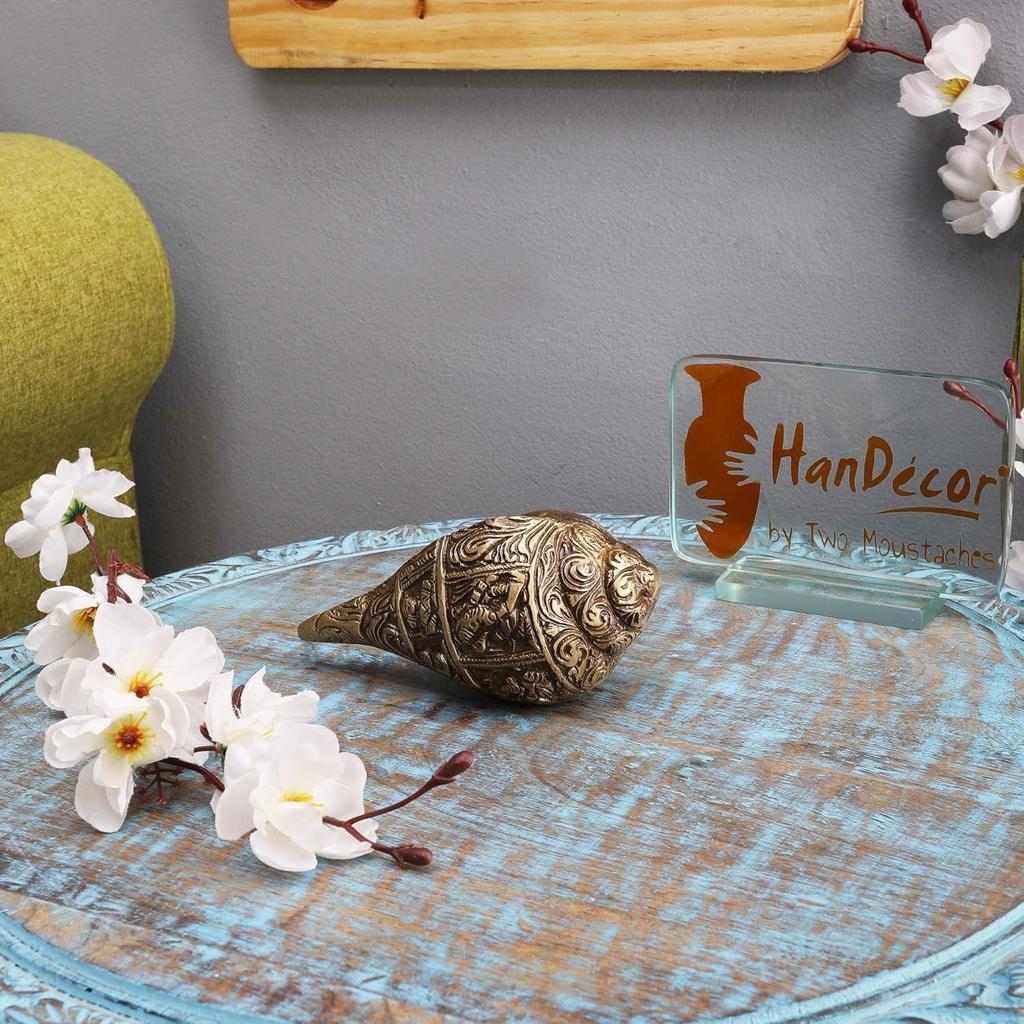 Ganesha Carving Brass Shankh Showpiece, Attractive Brass Conch for Temple/Home, Shankh for Pooja, Mandir Decorations Items