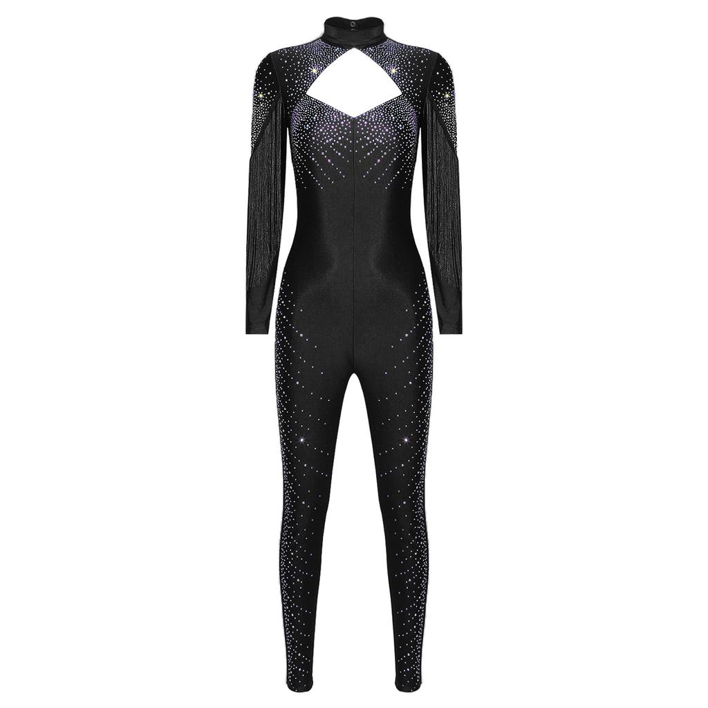 Womens Figure Skating Jumpsuit Glittery Rhinestone Long Sleeve Tassel Front Design Hollow Out Back One Piece Romper