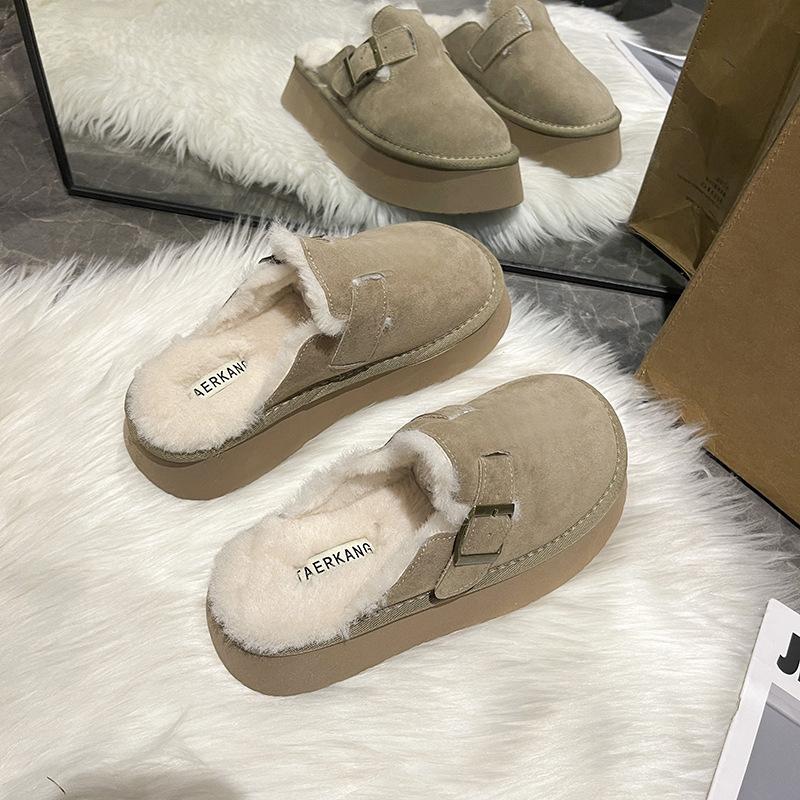 Тапочки Baotou из замши с толстой подошвой женские зимние 2024 года, новый ретро-модный темперамент, швабра Mao Mao, удобная трендовая хлопковая швабра