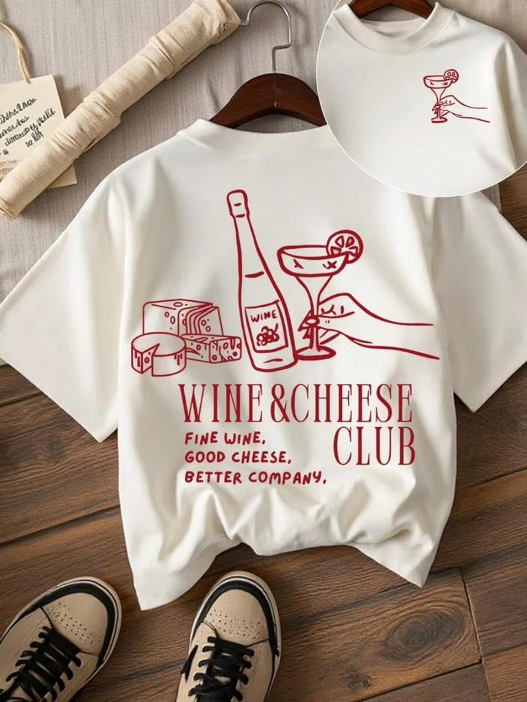 Unisex Cotton Short Sleeve Women's Wine and Cheese Club Pattern Y2k Round Neck T-Shirt Summer Spring Short Sleeves Graphic T Shirts Su Unisex,gift,Top