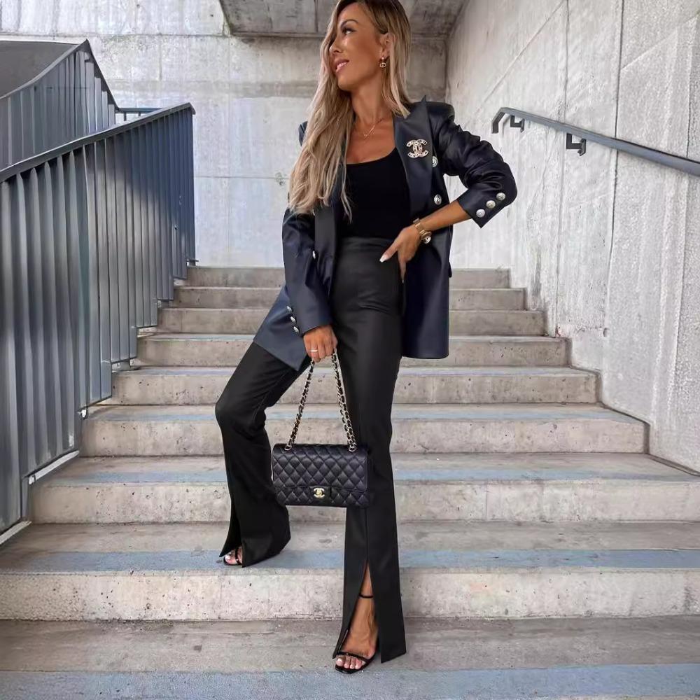 High Waist Fashionable Temperament Slim Sexy Casual Slit Leather Pants Casual Pants for Women